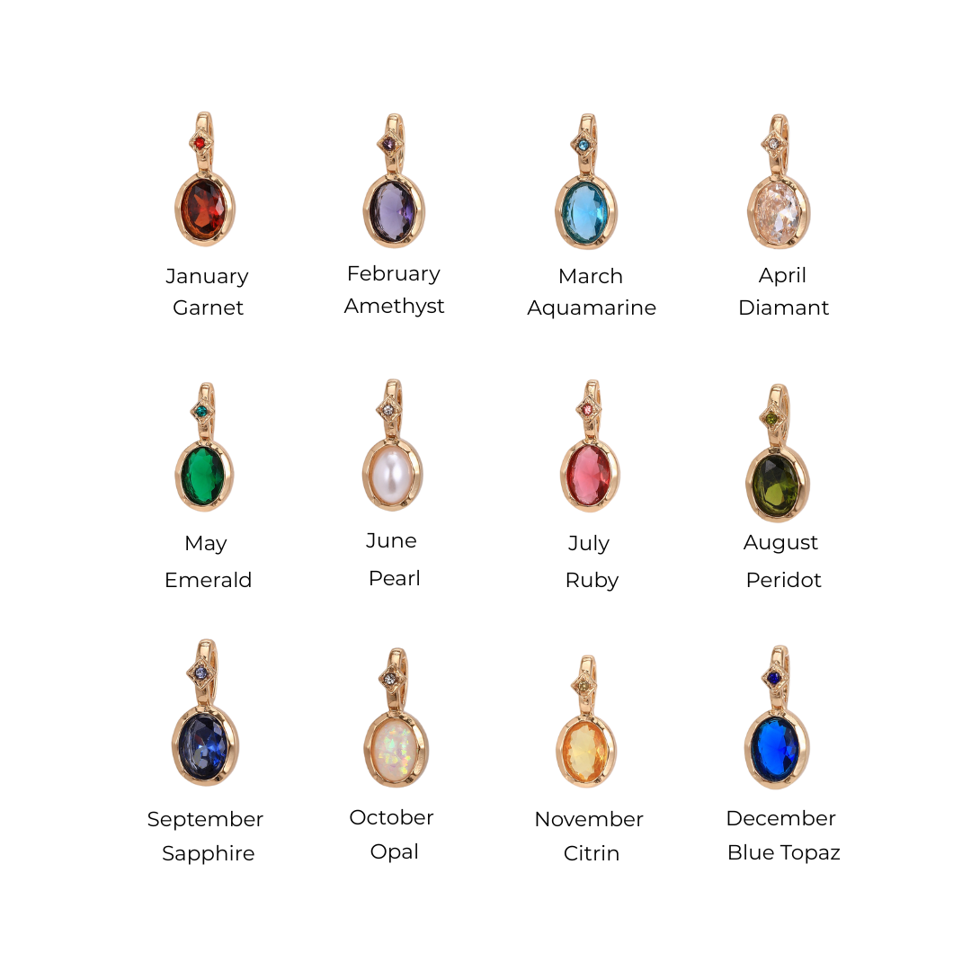 Oval-shape Birthstone & Zodiac Sign charm necklace / bracelet
