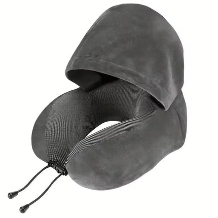 Hooded Memory Foam Travel Pillow - U Shaped Neck Pillow, Airplane, Car