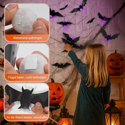 3D Halloween Wall Decor - 104 Bats, Spiders and Ghosts With LED Lights