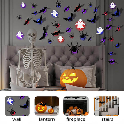 3D Halloween Wall Decor - 104 Bats, Spiders and Ghosts With LED Lights