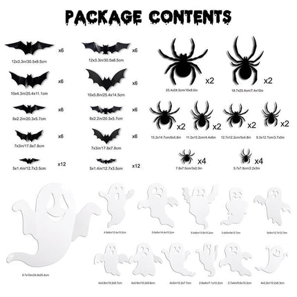 3D Halloween Wall Decor - 104 Bats, Spiders and Ghosts With LED Lights