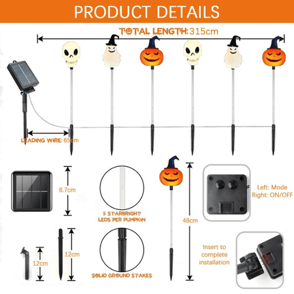 Halloween Outdoor Solar Lights - 6-Pack Pumpkin, Ghost & Skull Stakes