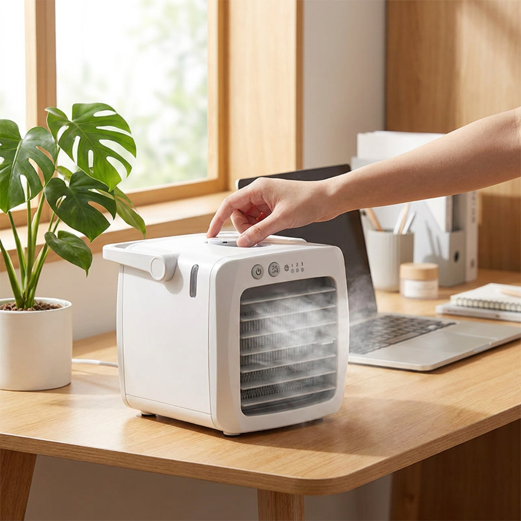 4-in-1 portable air conditioner in use on a home office desk with cool mist rising
