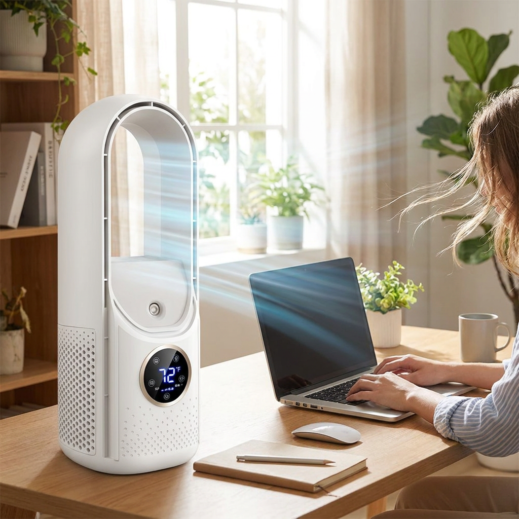 Bladeless portable air conditioner with LED display in use on a home office desk