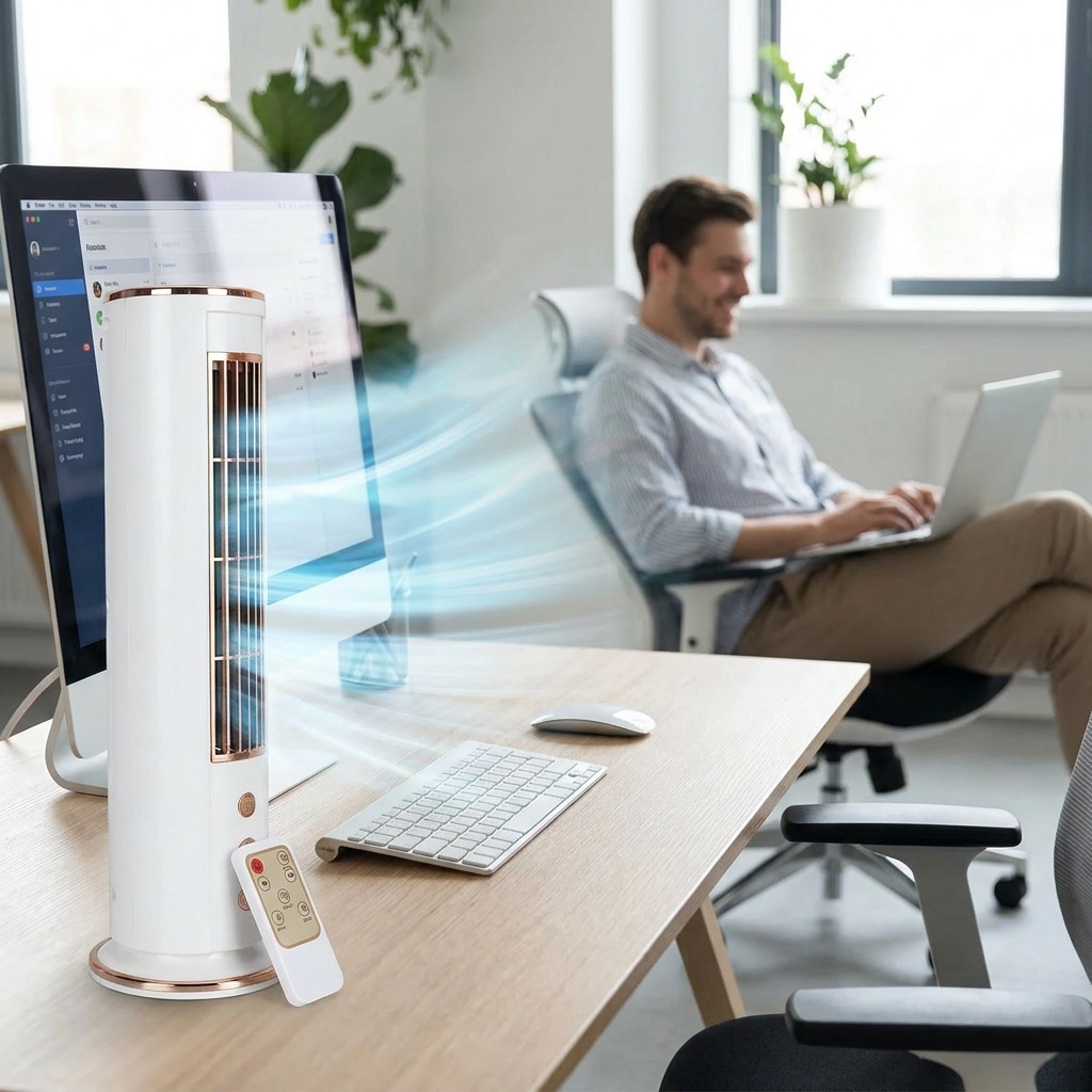 Bladeless desktop air conditioner fan with remote control in use on an office desk