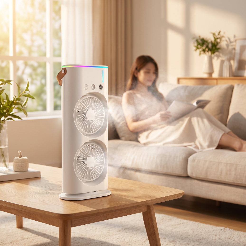 Dual Head Mist Cooling Fan in use in a living room