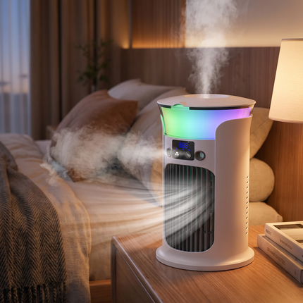 Mini Aircon with Humidifier and LED in use on a bedside table