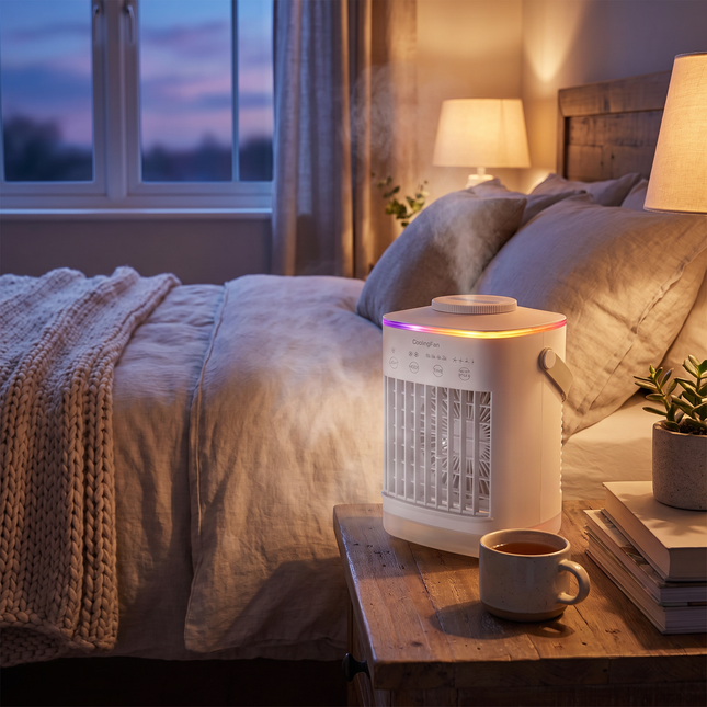 3-in-1 Aircon, Humidifier and Night Light in use on a nightstand