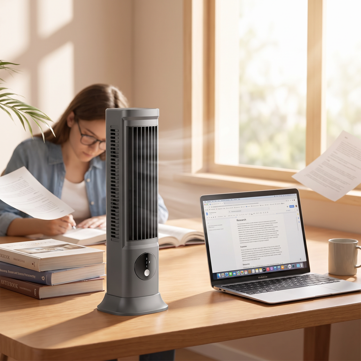 1200mAh Rechargeable Desk Fan in use on a study desk