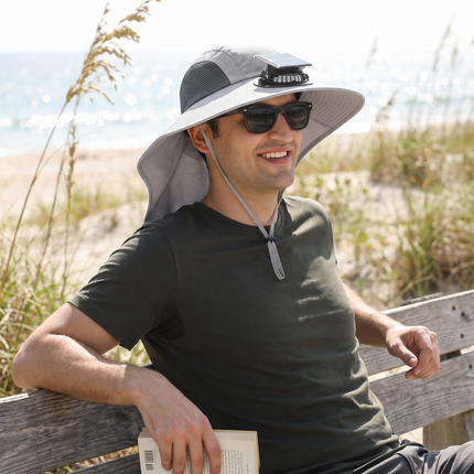Wide Brim Solar Fan Sun Hat in use outdoors