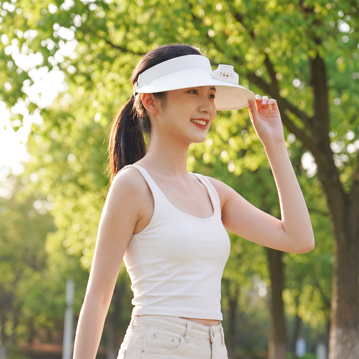 Cooling Fan Sun Visor Hat in use outdoors