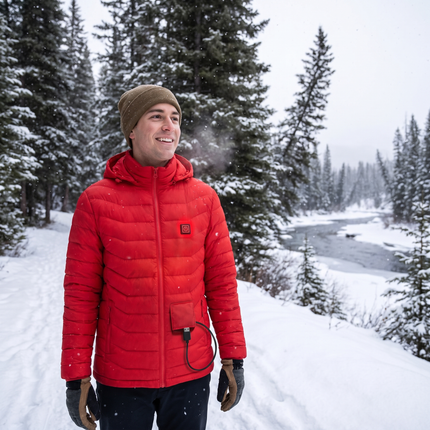 Heated Outdoor Jacket Red with visible heat panel