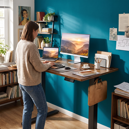 Electric Adjustable Standing Desk Brown lifestyle
