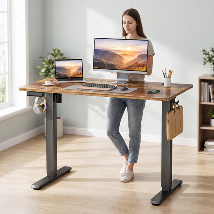 Electric Adjustable Standing Desk Brown lifestyle v2