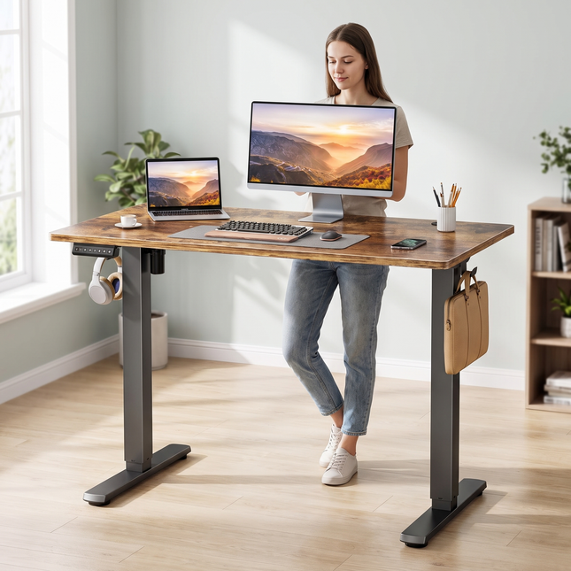 Electric Adjustable Standing Desk Brown lifestyle v2