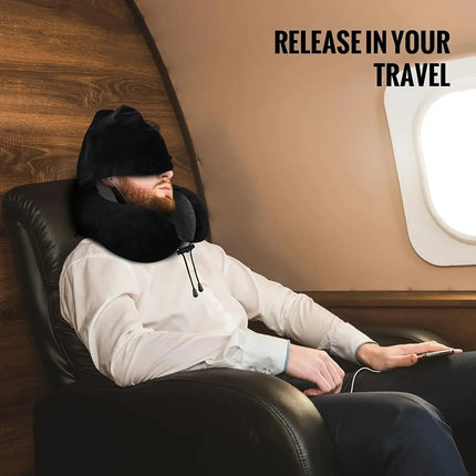 Hooded Memory Foam Travel Pillow - U Shaped Neck Pillow, Airplane, Car