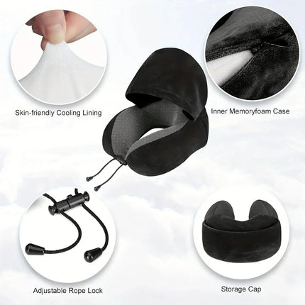 Hooded Memory Foam Travel Pillow - U Shaped Neck Pillow, Airplane, Car